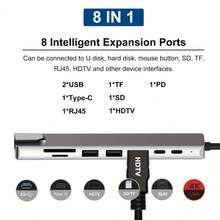 Multifunctional USB-C Docking Station, With 8 Ports, Supports 4K HDTV Output, RJ45 Ethernet Port, SD/TF Card Reader And Fast Charging, Compatible With MacBook And Laptops - With 100M Network Port and 4K Video Interface - View 8