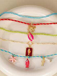 Set de 5 collares con colgantes de conchas marinas, peces, estrellas de mar y cangrejos de estilo bohemio, collares multicapa hechos a mano con cuentas, adecuados para mujeres en vacaciones de playa o fiestas - Multicolor - Ver 4