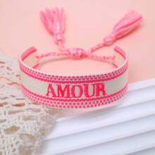 1pc Handmade Embroidered French "AMOUR" Creative Woven Vintage Style Bracelet, Suitable For Couples, Holiday Gift, Blessing Cord - Phosphor - View 3