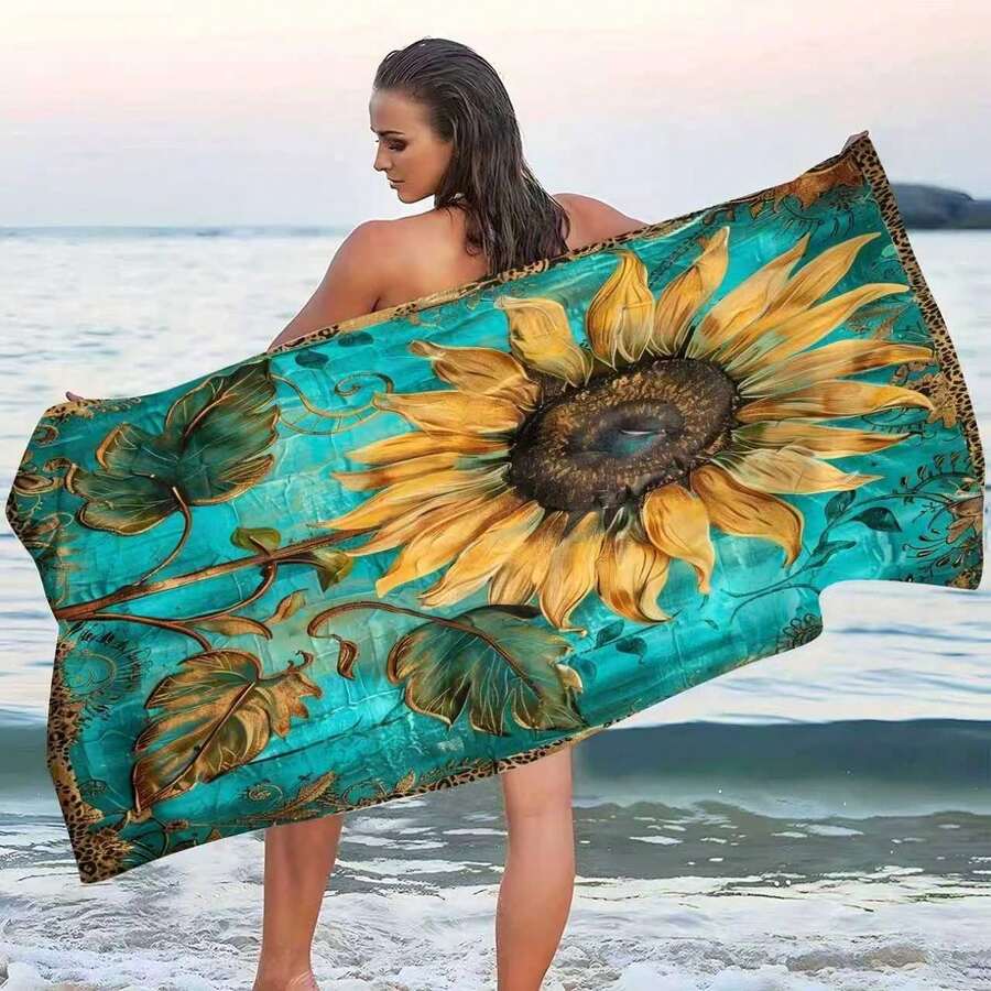 1 chiếc khăn tắm/khăn đi biển bằng sợi siêu mềm, họa tiết hoa hướng dương, thích hợp cho mùa hè. - 3 - Xem 1