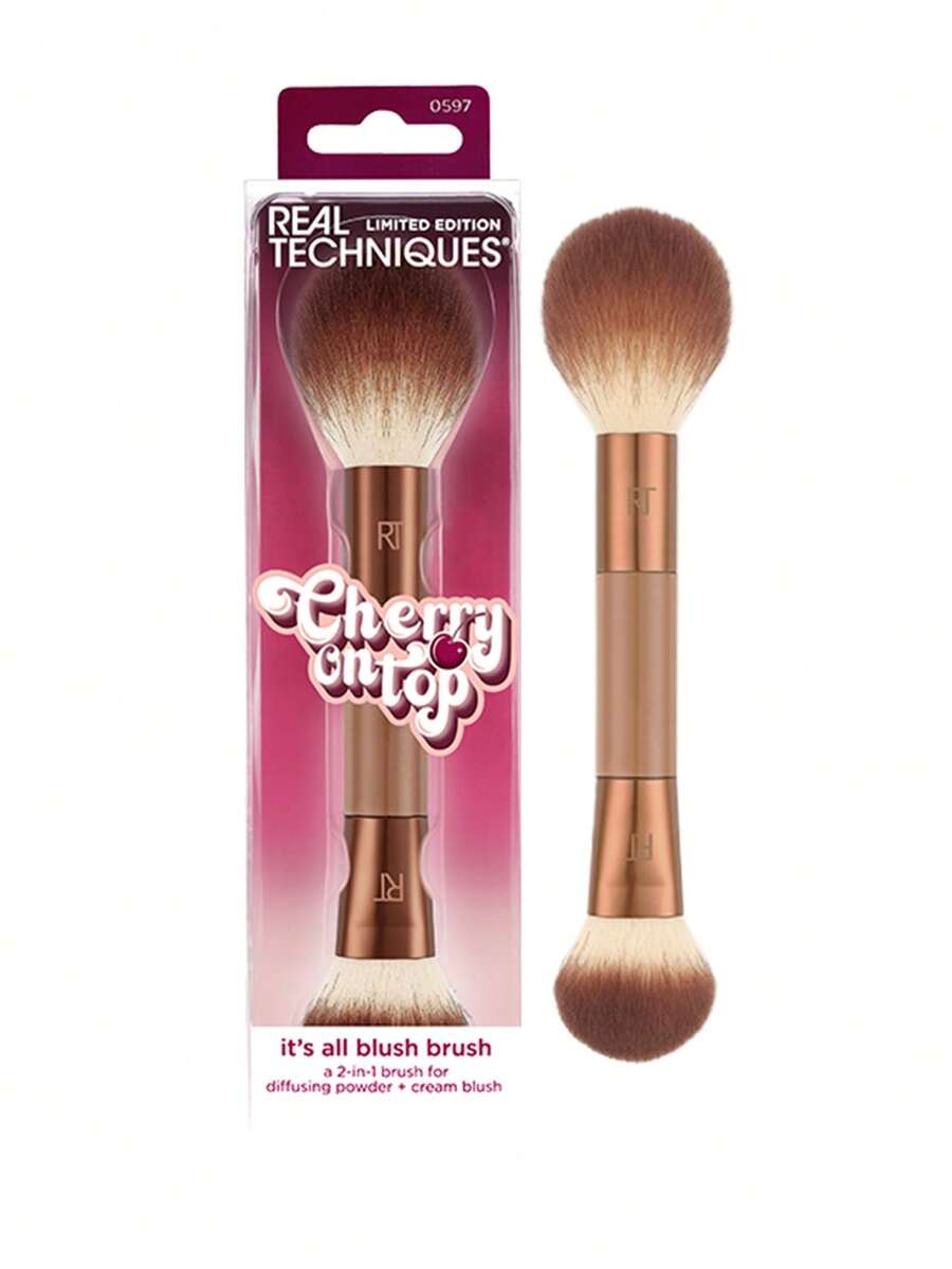 Real Techniques Cherry Top Full Blush Brush, 104 Angled Blush Brush Small For Precise Liquid + Cream Blush Application, 105 Blush Brush Soft & Fluffy For Seamless Blending Of Foundation & Blush, Suitable For All Blush Formulas, Dual-Ended 2-In-1 Makeup Brush - Champagne - View 1