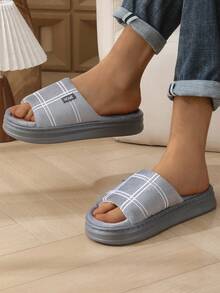 1 Pair Plaid Casual Linen Letter Print Slippers, Comfortable For Home, Party, All Seasons - Grey - View 5