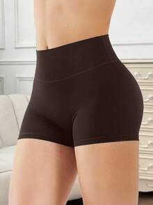 女士高弹黑色运动短裤，舒适短款面料 - 棕色 - 查看 2