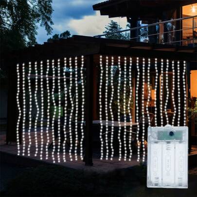 3x3m/118x118inch Battery Powered LED Curtain String Lights, White, Suitable For Christmas, Bedroom, Wall, Halloween, Wedding, Party Decor