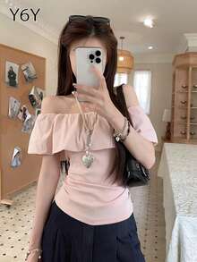 [Y6Y] Áo thun nữ màu hồng trễ vai tay lửng, áo croptop hở vai viền bèo nhún, thích hợp phối cùng quần jeans tối màu mùa hè - Hồng - Xem 5