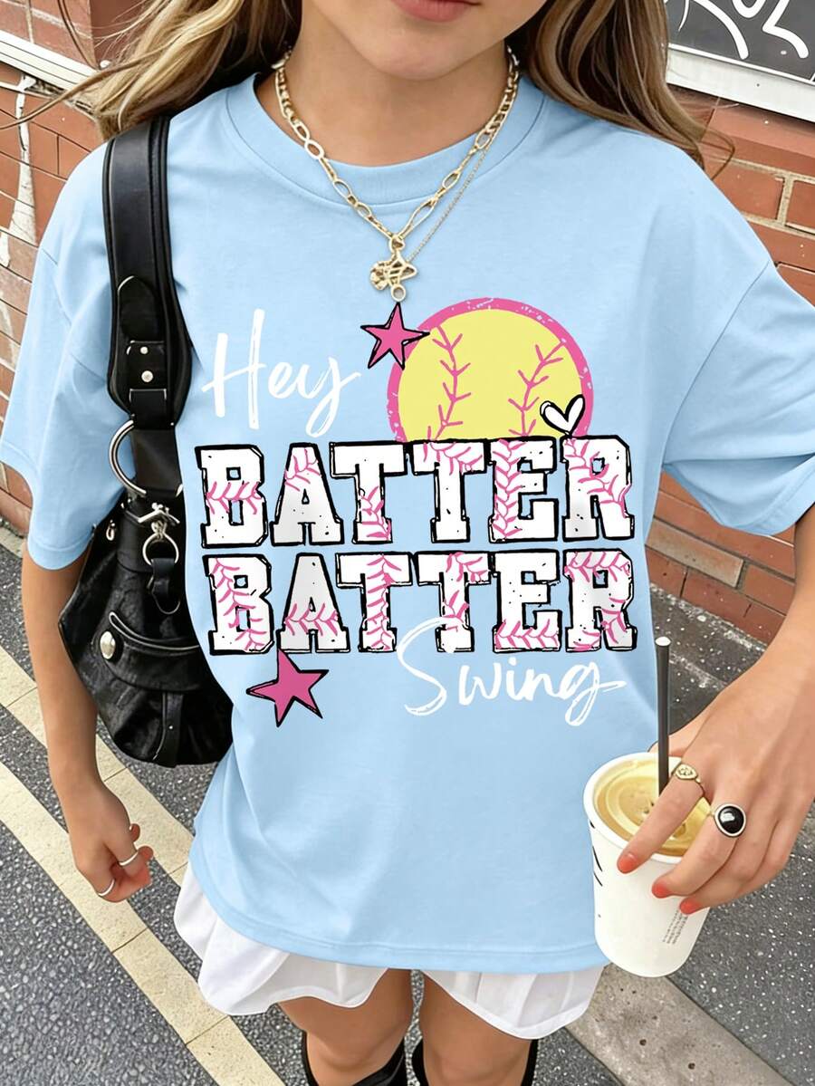 Plus Size Girls "Hey Batter Batter Swing" Baseball Graphic T-Shirt - Casual Cute Game Day School Tee - Baby Blue - View 1
