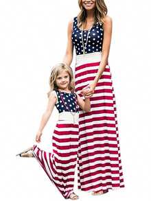 4th Of July Mommy And Me Matching Dress Family Matching Outfits Striped And Stars Print Sleeveless Long Maxi Dress For Women And Kids Girls Party Dress - Màu xanh lam - Xem 10