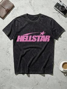 Red Shooting Star Logo Graphic Tee Unisex Couple Matching Boyfriend Style Hell Star Double Sided Print Bold Colorway Flame Face Acid Washed Cotton Graphic Tees Men Oversized T Shirt Summer Fits Camisetas Para Hombresummer Outfits For Womengraphic Tees - 黑色 5 - 查看 4