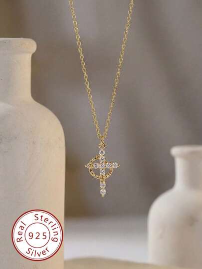 1pc 925 Sterling Silver Elegant Zirconia Crown Cross Necklace, Suitable For Women To Wear At Banquets Or As Mother's Day/Valentine's Day Gift
