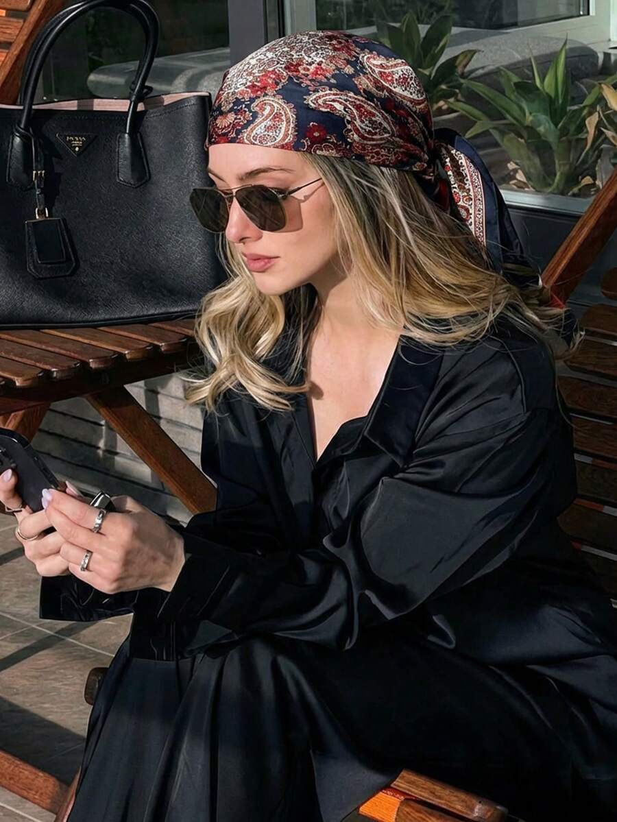 1 chiếc khăn vuông thời trang mùa hè dành cho nữ, họa tiết Paisley, kích thước 90cm, khăn trùm đầu/khăn quàng cổ đa năng, khăn bandana thường ngày với họa tiết hạt điều. - 01-Xanh hải quân - Xem 1