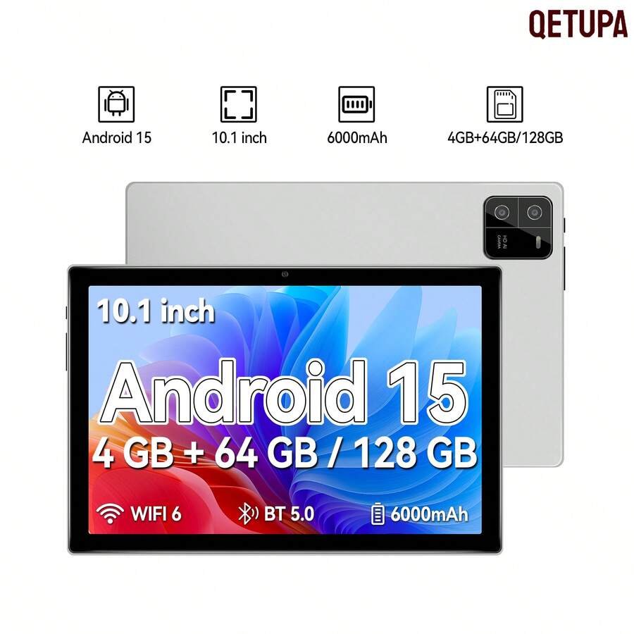 Qetupa This 10.1-Inch Android 15 Tablet Features An MTK6762 Octa-Core 2.0GHz Processor, An HD (1280x800) IPS Touchscreen, A 5MP + 13MP Dual-Camera Setup, 4GB RAM, 64GB/128GB ROM, A Large 6000mAh Battery, And Does Not Support SIM Cards. It Supports Reading And Gaming. With A Lightweight And Durable Design And Reinforced Glass Construction - White - View 1