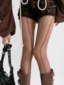 1 Pair Y2K Lace Hollow Out Pantyhose/Women's Ins Fashionable, Grunge Striped Fishnet Tights, Brown Transparent Grid Vertical Striped Thigh High Socks, Punk Rock Stockings Suitable For Party, Music Festival, Street Wear - Multicolor - View 7