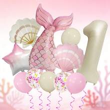 1 Set Mermaid Themed Balloon Set, Includes 32" Ivory Number Balloon, 39.37" Pink & Gold Mermaid Tail Balloon, 26" Pearl White & Pink Shell Balloons, 18" Pink & White Gradient Star Balloons, Suitable For Birthday Gifts, Mermaid Princess Themed Parties, Ocean Themed Events, Dream Theme, Easy To Create A Dreamy And Sweet Underwater Princess Atmosphere - View 4