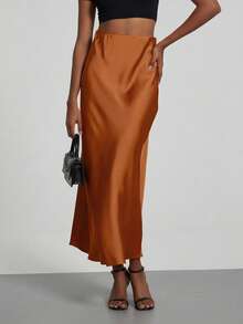 Rok Maxi Satin Pinggang Elastis Se-Helo untuk Wanita, Cocok untuk Semua Musim Semi - Oranye - View 5