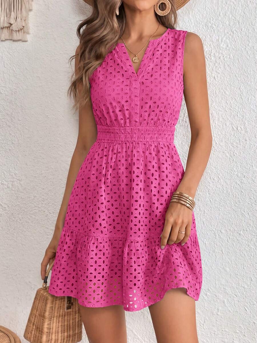 PRETTYGARDEN Women's Summer Dress Sleeveless V Neck Eyelet Cutout Swinging A-Line Flowy City Walks Wedding Guest Graduation Beach Vacation Sun Dress - 玫紅色 - 查看 1