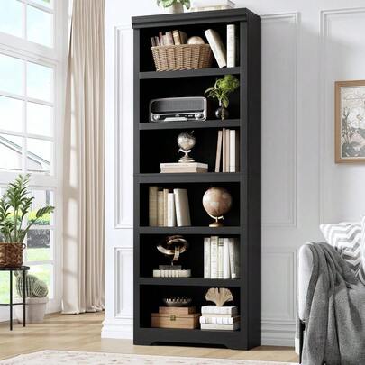 Estantería rústica negra repujada de 190 cm de altura - Librería abierta de 5/6 niveles - Estantes ajustables - Organizador de almacenamiento de pie antivuelco para sala de estar, oficina en casa, balcón, estudio, W600