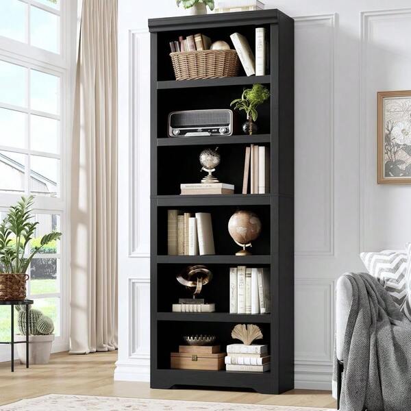 Bibliothèque de style ferme noire en relief de 190 cm de haut - Bibliothèque ouverte à 5 ou 6 niveaux - Étagères réglables - Meuble de rangement sur pied anti-basculement pour salon, bureau, balcon, bureau, L600