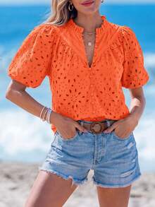 PRETTYGARDEN Women's Summer Clothes Tops Fashion Casual Short Sleeve V Neck Buttons Hollow Eyelet Lace Embroidered Blouses Shirts Festival  Beach Vacation - 橘色 - 查看 3