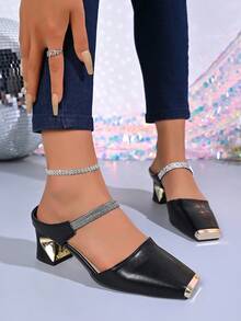 水钻方头套脚穆勒鞋，金属不对称后跟无后跟凉鞋，优雅女士百搭高跟穆勒鞋 - 黑色 - 查看 3