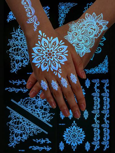 一套6张夜光闪光纹身贴纸，白色波西米亚曼陀罗图案，适用于手臂、手部、背部和手指，临时纹身在黑暗中闪闪发光，海娜花卉蕾丝图案，防水持久防汗易撕，仿真纹身