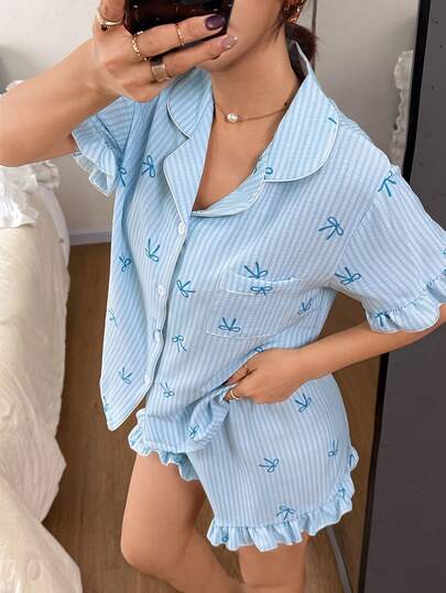 Dreamivo Summer Short Women's Pajama Set - Blue Bow Tie Short Sleeve Button Collar Top And Pants, Soft Skin-Friendly Sleepwear, Machine Washable, Can Be Worn Outdoors