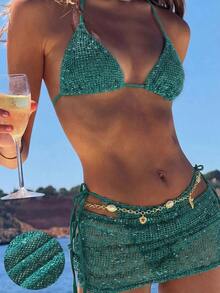 Valentine's Day Women's Summer Beach Bikini Set, Crochet Halter Tie Back Bikini, Bohemian Crochet Vacation Dress, Women's Beach Outfit Bikini 3-Piece Set, Suitable For Beach, Leisure, Vacation And Pool Party - Màu xanh lá cây đậm - Xem 2
