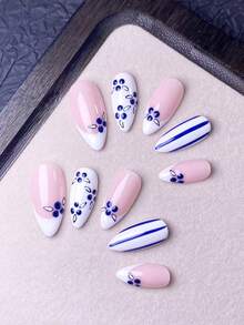 10件手工美甲貼片，美甲用品，假指甲，美甲貼，夏季美甲，短指甲，壓克力美甲貼，美甲貼組，Y2K風格，白色指甲，黑色指甲，藍色指甲，黃色指甲，簡單可愛設計搭配手繪藍莓裝飾，適合女士與女孩在夏季海灘度假與派對使用，附美甲工具，手工穿戴式美甲 - 水鴨藍 - 查看 13