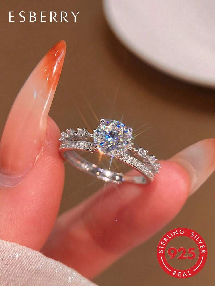 ESBERRY 1 Peça Anel Ajustável de 6,5 mm com Zircônia Cúbica de 4 Garras, Joias Elegantes de Prata Pura Branca para Mulheres, Presente de Casamento, Presente de Noivado, Acessório Nupcial