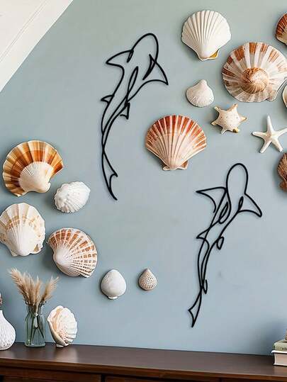 2件套鲨鱼金属墙饰，家居装饰，现代简约客厅装饰，野生动物象征，大型墙饰，海滨小屋墙面装饰