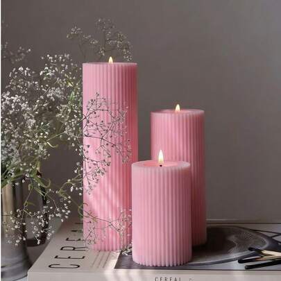 1支条纹柱形蜡烛，大型高浮雕柱形蜡烛，现代家居装饰蜡烛，手工大豆蜡香薰蜡烛，优雅装饰蜡烛，是家居装饰、派对、节日、婚礼、生日和特殊场合营造浪漫氛围的理想之选，也是送给女士和朋友的绝佳礼物（粉色）