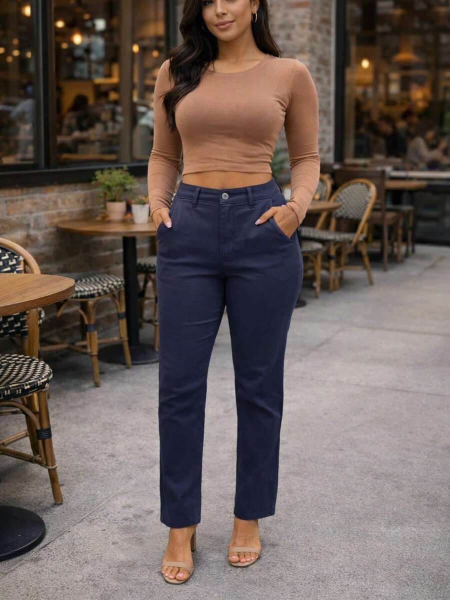 STRAIGHT PANTS WITH BUILT-IN POCKET BLUE Coated Fabric Daily - Màu xanh lam - Xem 1