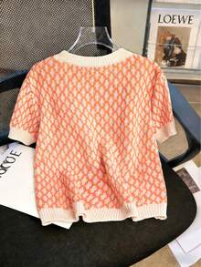 Top lavorato a maglia dai colori a contrasto, dolce e femminile, fresco e giovanile, in seta ghiacciata con costine e inserti, casual per casa e vacanze, adatto per primavera/estate - Arancione - Visualizzare 2