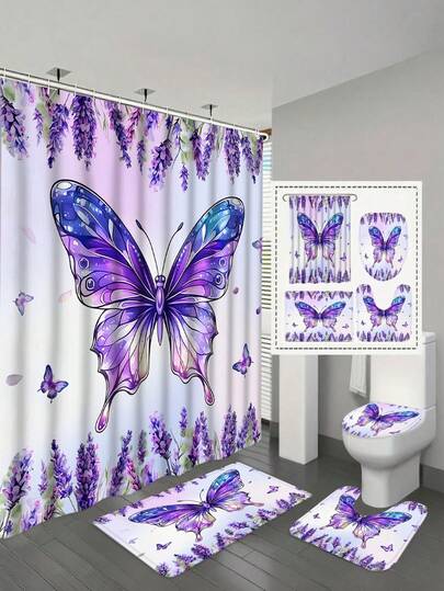1/4 件套紫色薰衣草蝴蝶花卉浴帘套装，防水浴室套装，含 12 个挂钩、防滑地毯、马桶座套、U 型地垫，田园花卉设计 - 舒适的浴室套装，营造轻松氛围，花园风格浴室装饰
