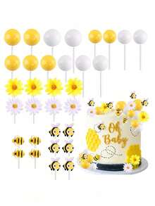 一套蜜蜂雏菊蛋糕装饰套装，包括蜜蜂、雏菊和黄白相间的球形蛋糕装饰，适用于纸杯蛋糕装饰、蜜蜂主题生日蛋糕和性别揭晓派对（请勿直接接触蛋糕，使用白色木棍）。 - 彩色 - 查看 1