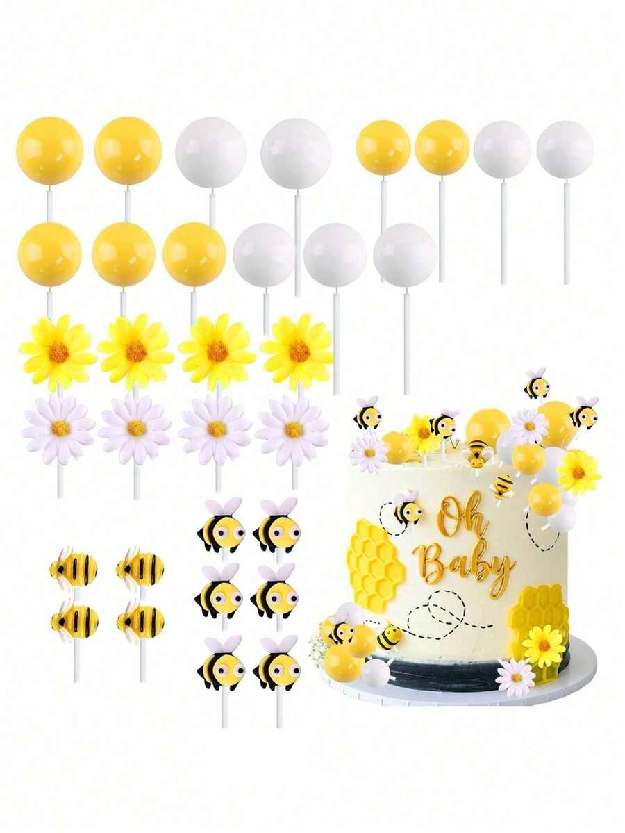 一套蜜蜂雏菊蛋糕装饰套装，包括蜜蜂、雏菊和黄白相间的球形蛋糕装饰，适用于纸杯蛋糕装饰、蜜蜂主题生日蛋糕和性别揭晓派对（请勿直接接触蛋糕，使用白色木棍）。 - 彩色 - 查看 1