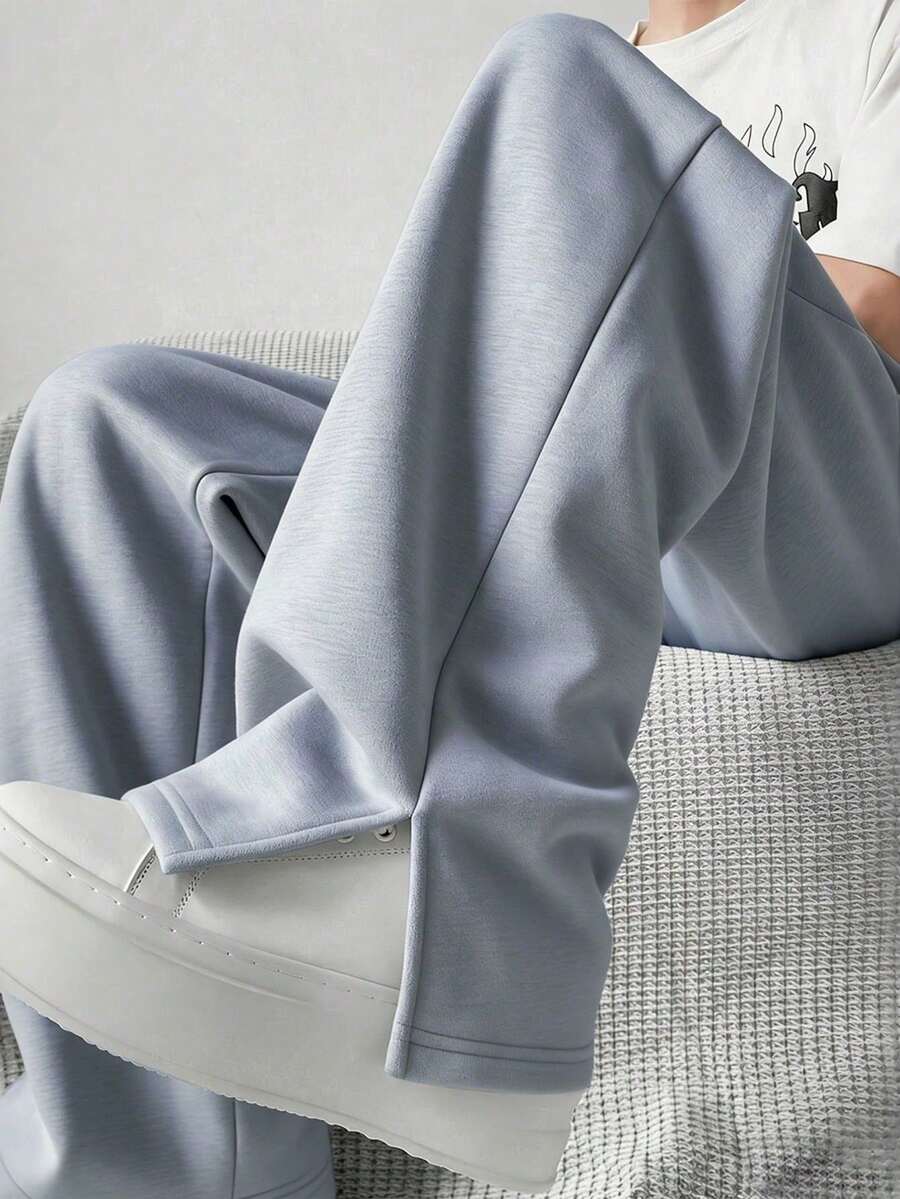 男士寬鬆直筒運動長褲，休閒寬腿長褲，適合春秋通勤、健身、慢跑，百搭風格 - 灰色 - 查看 1