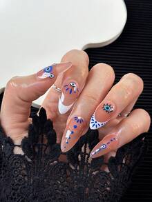 26mm French Minimalist Almond-Shaped Nail Tips, Handmade, Clear Nail Plates, Nude, White, Blue, Hand-Painted Eyes, Elegant, Versatile, Fashionable, Creative, Suitable For Party, Outdoor, Beach, Daily, Holiday, Gathering, Work And Special Occasions - 10pcs/Pack Press On Nails - Multicolor - View 4
