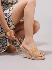 麻绳坡跟凉鞋，单带露趾，夏季度假休闲高跟防水拖鞋，日常时尚女鞋 - 卡其色 - 查看 4