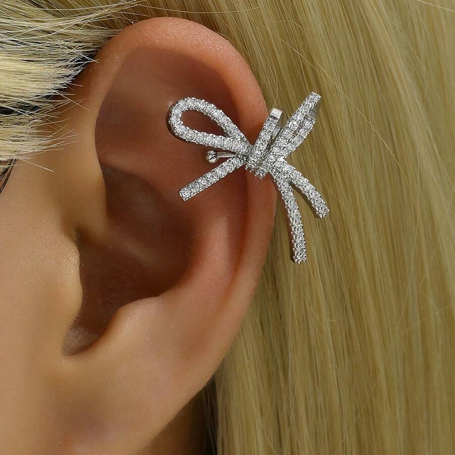 1pc Luxury Full Rhinestone Wrapped Bow Ear Cuff, Niche Design Non-Pierced Cartilage Ear Clip, Elegant Elegant Commuter Style Ear Jewelry - White - View 1