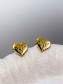 1 Pair Gold Hollow Heart ECG Earrings, Stainless Steel Jewelry, Unisex, Heartbeat Gift For Lover, Mother's Day Surprise For Mom - Gold - View 10