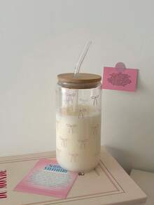 1 set/avec couvercle et paille, tasse en verre Matcha avec nœud rose, s'adapte au porte-gobelet de voiture, réutilisable, convient pour les sports, la remise en forme, l'école et les voyages, s'adapte au café, au thé, au lait, à la limonade, aux boissons de thé mélangées, aux boissons portables, aux jus et aux milkshakes - Multicolore - Voir 4