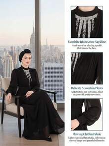 Modest Fashion High End Hot Stamping Diamond Women's Abaya Dresssheer Waist Cinched Plain Robe Dress Spring Black - Black - View 4