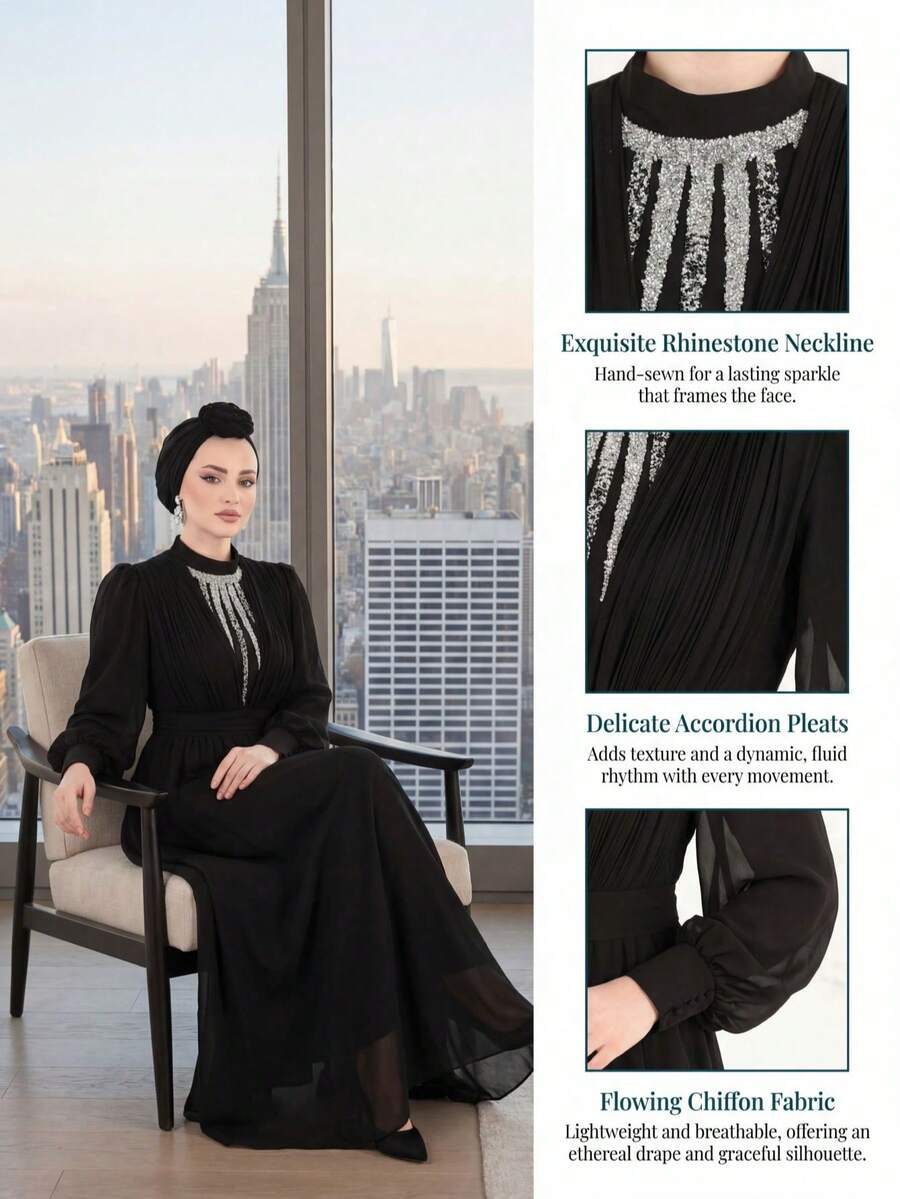 Modest Fashion High End Hot Stamping Diamond Women's Abaya Dresssheer Waist Cinched Plain Robe Dress Spring Black