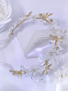 1件优雅树脂花朵合金蜻蜓装饰发箍，适合女士婚礼发型，优雅头饰，适用于派对、聚会、假日、度假、舞会、夏季、旅行等场合。 - 金色 - 查看 9