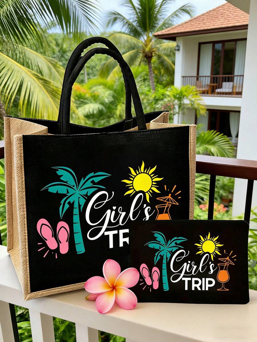Bolso de tela con estampado tropical "Girl's Trip" y estuche a juego para maquillaje, bolso de lona con estampado de palmeras, sol y chanclas para playa y vacaciones, bolso de yute reutilizable - Multicolor - Ver 1