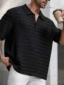 1pc Men's Black Striped Textured Polo Shirt, Collared Short Sleeve Button-Up Casual Versatile Top, Elegant For Holiday Parties, Suitable Gift For Father, Boyfriend, Dad, Friends - Black - View 5