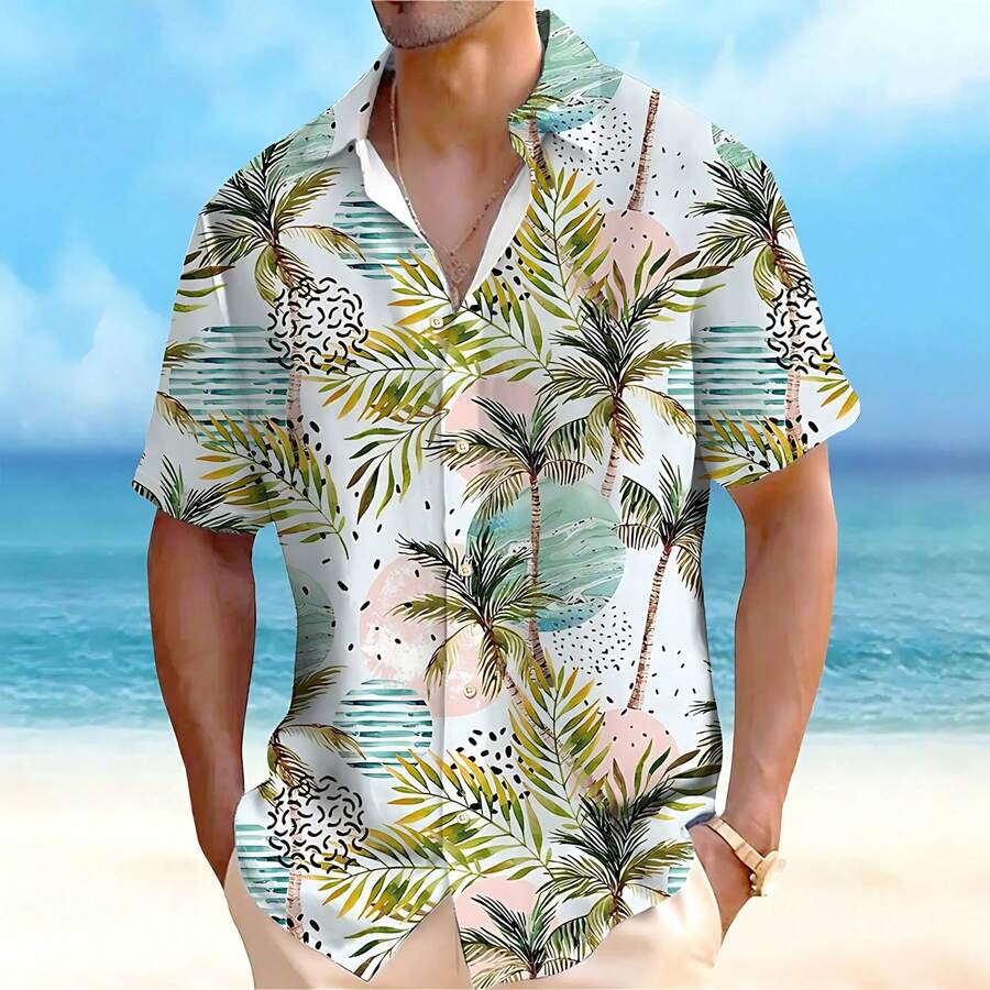 Palm Trees Swaying With Tropical Flowers Evoke A Carefree Island Spirit And Vibes 3D Print Hawaiian Beach Men Shirt Short Sleeve Casual Button Down Top - A508D-AL24073 - 查看 1