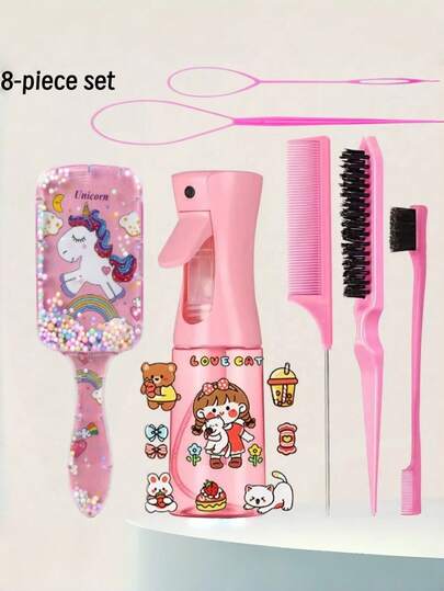3/5/6/8 Pcs Hair Brush And Continuous Spray Bottle (6.8 OZ / 200 ML) Set With Cartoon Design Waterproof Temporary Tattoos, Ultra Fine Mist Spray Bottle And Edged Bristle Brush Teasing Comb Set, For Smoothing, Styling, Cleaning, Hair Salon