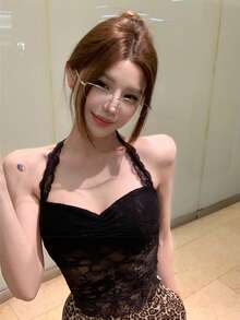 时尚无袖无肩带吊带背心，性感蕾丝镂空背心，夏季必备 - 黑色 - 查看 3
