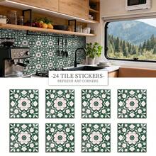 24pcs/Set Fresh Green & Pink Sakura Pattern Self-Adhesive Tile Stickers, 3.94/5.91/7.87 Inch, Waterproof & Oil-Proof, For Home Decor, Kitchen Backsplash Renovation - FHZ-126 - View 1